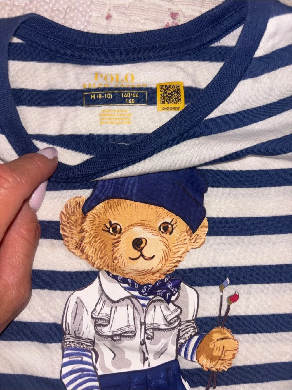 Girls Ralph Lauren White & Navy Striped Polo Bear Tee